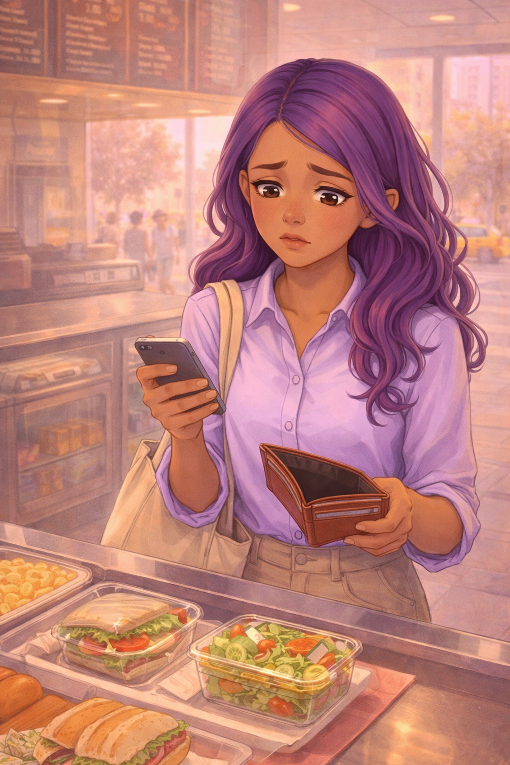 young woman checking bank account before buying lunch